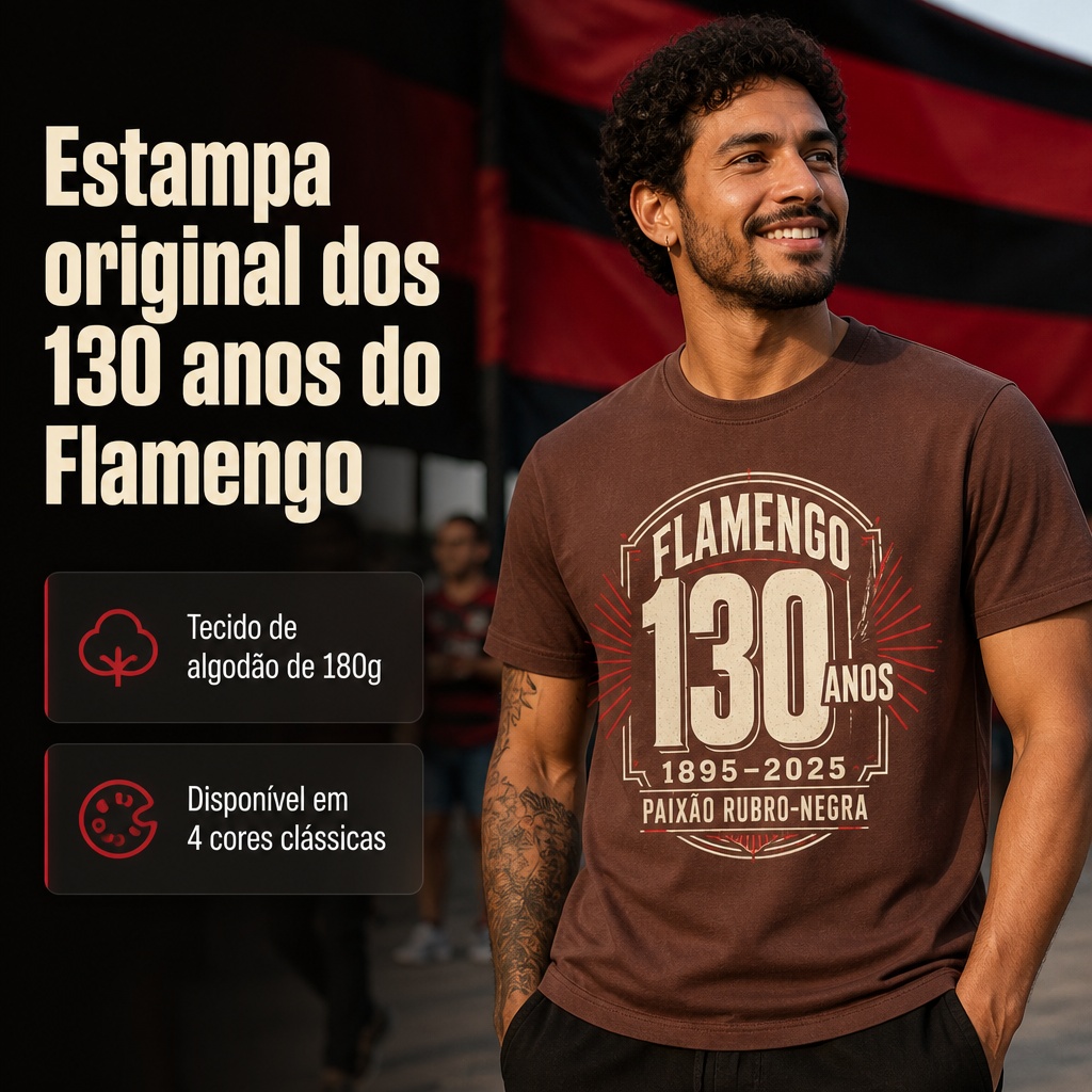 Camiseta Algodão 180g Flamengo 130 Anos (Produzida no Brasil)
