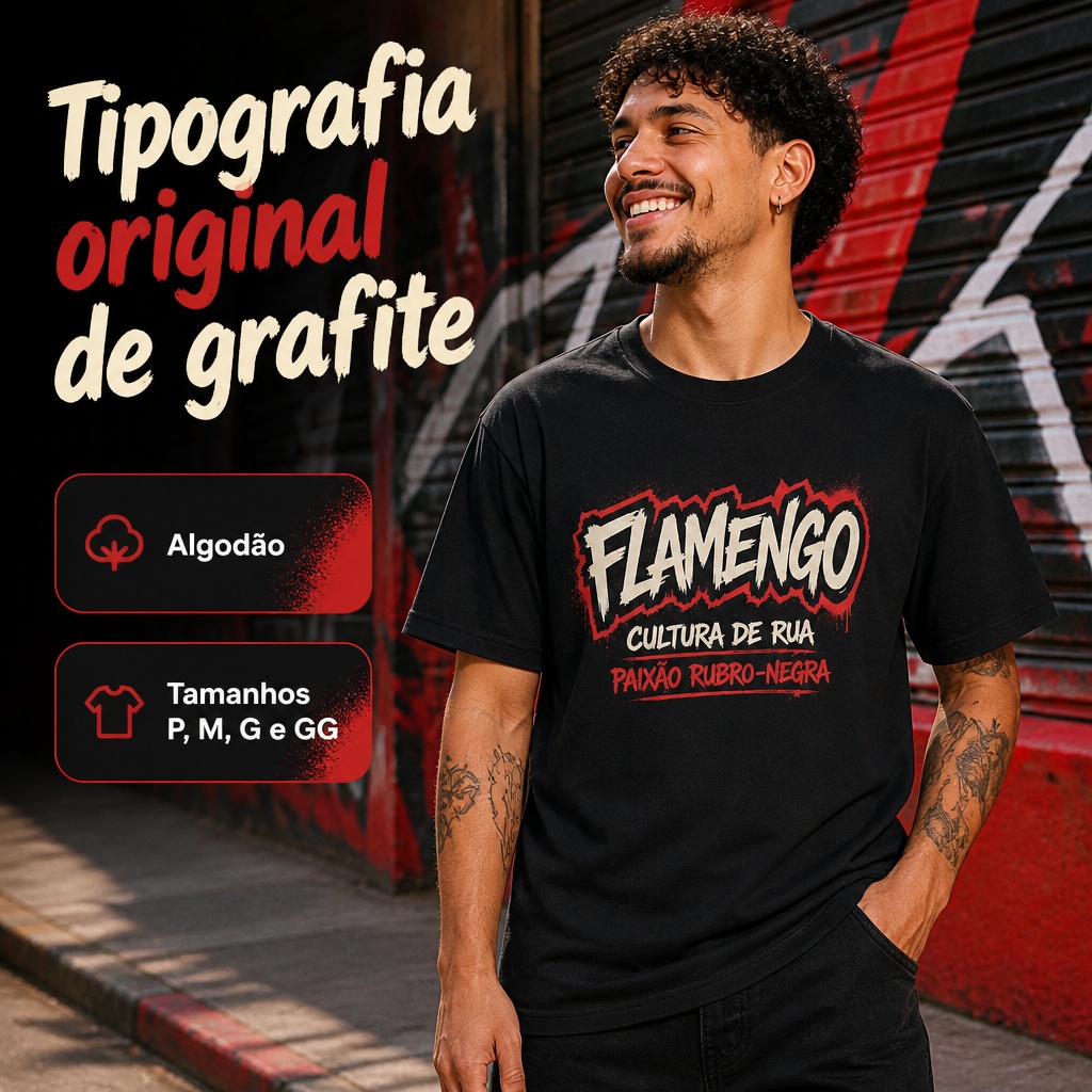 Camiseta Algodão 180g Flamengo Cultura de Rua Paixão Rubro-Negra