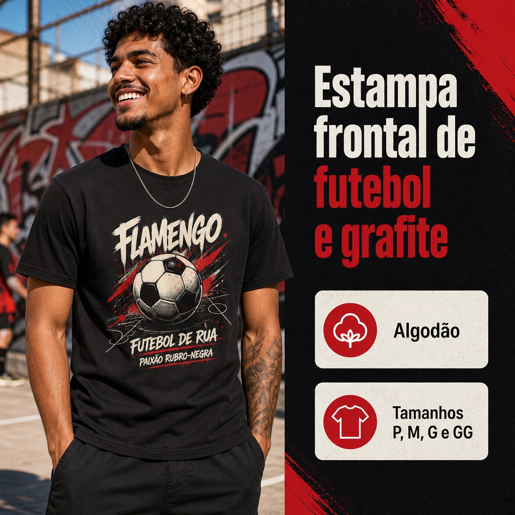 Camiseta Algodão 180g Flamengo | Futebol de Rua Paixão Rubro-Negra