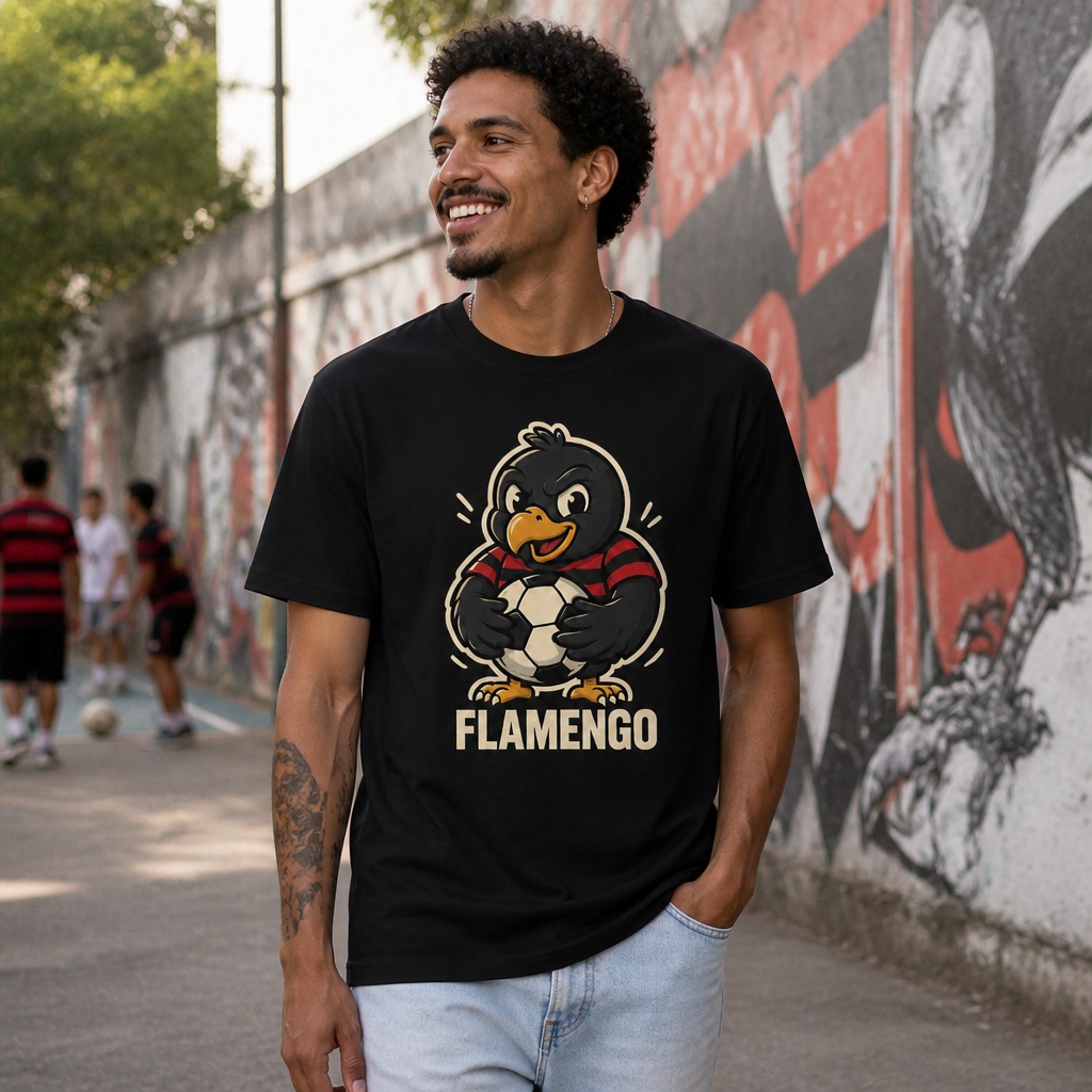 Camiseta Unissex de Poliéster Flamengo com Estampa de Urubu Cartoon