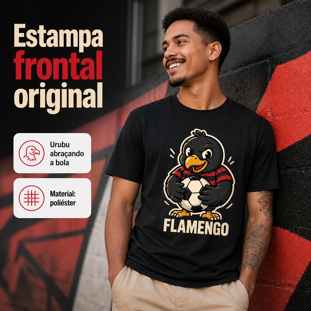 Camiseta Unissex de Poliéster Flamengo com Estampa de Urubu Cartoon